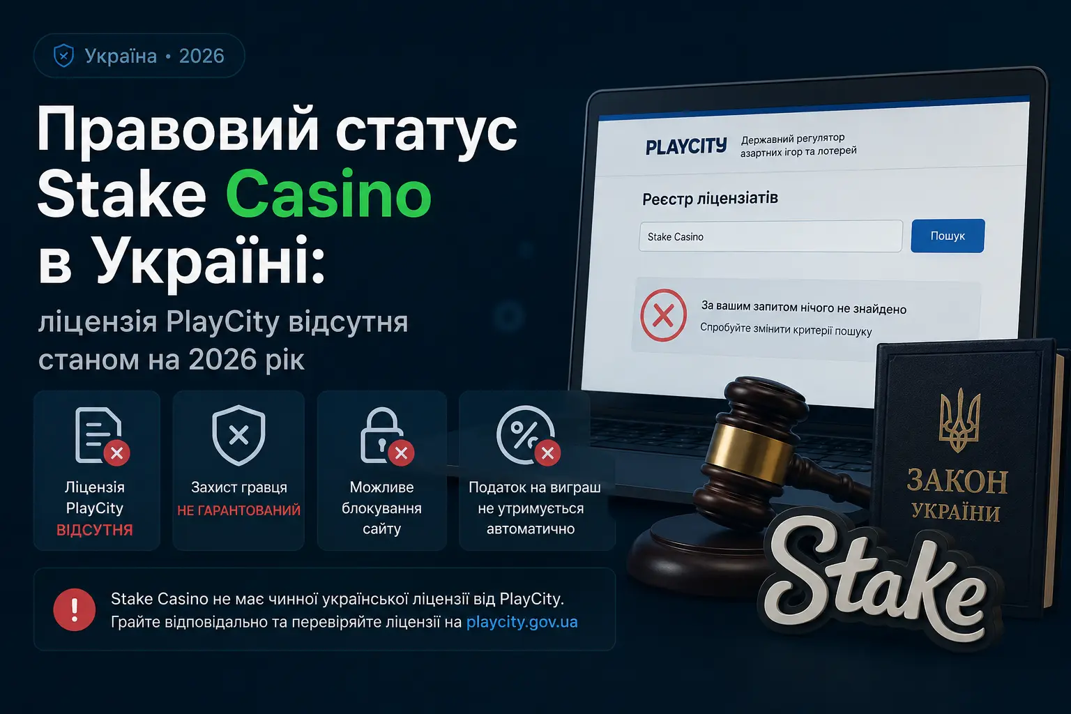 Правовий статус Stake Casino в Україні: ліцензія PlayCity відсутня станом на 2026 рік